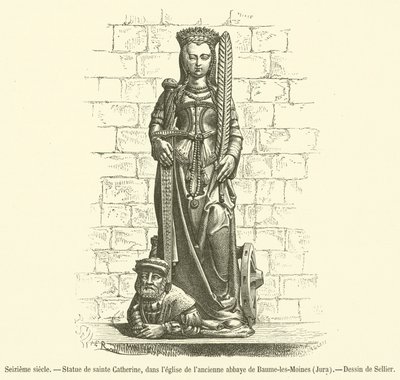 Det sekstende århundrede, Statue af Saint Catherine, i kirken i det tidligere Abbey of Baume-les-Moines, Jura (gravering) af French School