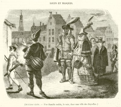 Sekstende århundrede, En adelig familie, om aftenen, i en by i Holland (stik) af French School