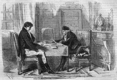 Serieroman: ""Rig og Fattig"" af Emile Souvestre (1806-1854). To mænd taler: "Skrupler har aldrig tortureret nogen." Indgravering i "" Les bons romances"" af French School
