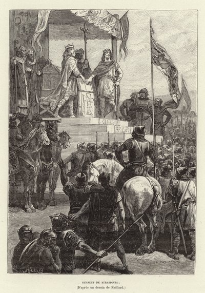 Serment de Strasbourg. Eder fra Strasbourg, alliancen mellem Ludvig den Tyske og Karl den Skaldede, konger af Øst- og Vestfrankien, 842 (stik) af French School