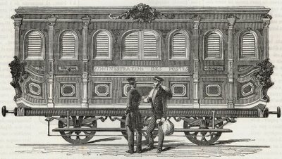 Postkontor - udvendigt billede af det mobile kontor - Gravering i "Tableau-de-Paris" af Edmond Texier 1852 af French School