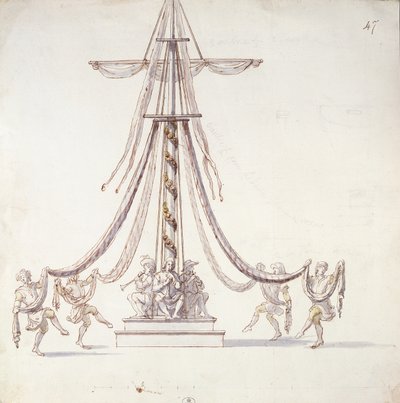 Scenografi til en ballet med sømænd, der danser rundt om en mast, fra en kollektion med titlen Les Menus Plaisirs du Roi (wc og pen og blæk på papir) af French School