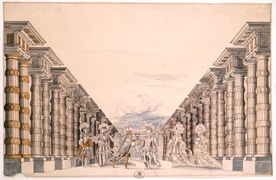Scenografi til et uidentificeret skuespil, taget fra en samling med titlen Menus Plaisirs du Roi (pen & blæk og akvarel på papir) af French School