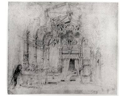 Scenografi til den første produktion af Angelo, tyran de Padoue af Victor Hugo (1802-85), 1835 (pen og blæk på papir) af French School