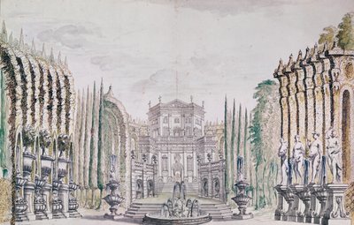 Scenografi af et palads til et teater, ca. 1660-80 (pen & blæk og wc på papir) af French School