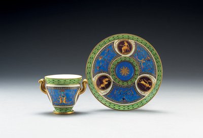 Sevres bleu celeste og lysegrøn malet togrebet kop og underkop, 1790 af French School