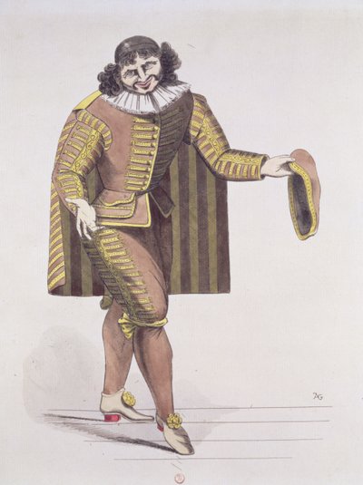 Sganarelle i LEcole des Maris af Moliere, premiere 24. juni 1661 på Palais-Royal Theatre, Paris (pen, blæk & wc på papir) af French School