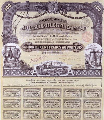 Aktiebrev på 100 francs for det fransk-russiske mineselskab Joltaia-Rieka, 1899 af French School