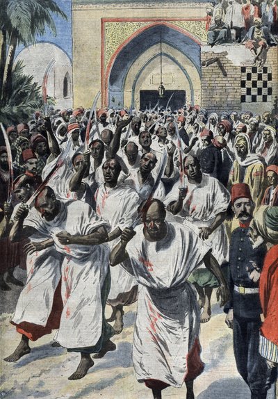 Shiitiske muslimer på pilgrimsrejse ved Karbala (Irak), ved Husayns grav - "Le Petit journal", april 1909 (gravering) af French School