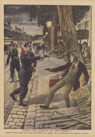 Skyderi mellem politi og kriminelle på en gade i Paris (farve litho) af French School