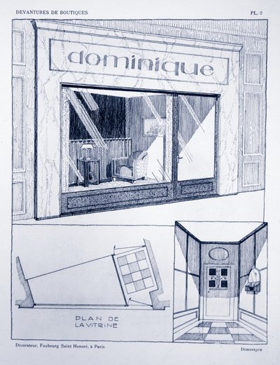 Butiksfront, plade 2, illustration fra Devantures de Boutiques af Louis-Pierre Sezille, Paris, 1927 af French School