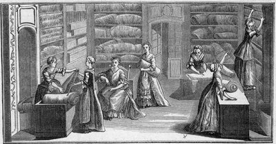 Butik hos en "modehandler" i det 18. århundrede. Gravering i "La Marine et les kolonier: handel" af French School