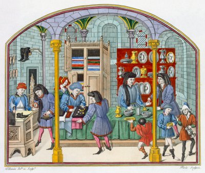 Butikker under et overdækket marked, efter en miniature i en oversættelse fra det 14. århundrede af Aristoteles