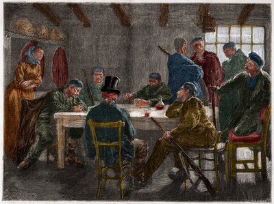 Siciliansk mafia i 1800-tallet: Forhør af en godsejer ophævet af sicilianske mafiosi i 1873. Stik fra 1873. af French School