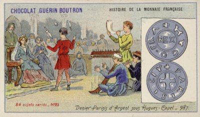 Silver denier paris af Hugh Capets regeringstid, 987 (chromolitho) af French School