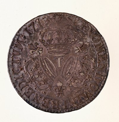 Sølv fransk ecu (scude), regeringstid af kong Ludvig XIV (1643-1715) 1713 Diam. 4 cm Napoli, museo archeologico af French School