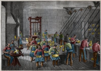 Sølvtøjsværksted i Frankrig i det 19. århundrede. Indgravering fra 1885 i "" Les arts et metiers illustres"" af Adolphe BITARD. af French School