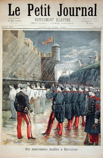 Sechs Anarchisten werden in Barcelona hingerichtet, Titelseite von Le Petit Journal, 4. Juni 1894 von French School