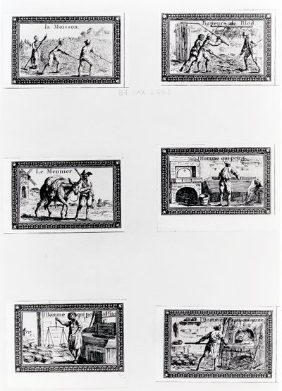 Seks vignetter, der viser brødfremstilling (gravering) (bw-foto) af French School