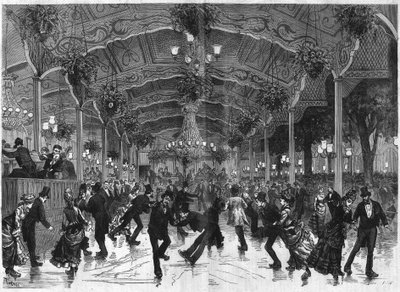 Skøjtering i Bullier. Bane til at danse på rulleskøjte på Bal Bullier i Paris. Indgravering i "The Illustrous Universe" af French School