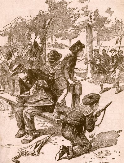 Små drenge spiller krigsspil i Frankrig under Første Verdenskrig. Fra Agenda Buvard du Bon Marche udgivet 1917. af French School