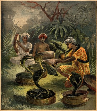 Slangetæmmere (kobraer) i Indien. Indgravering i "La Terre Illustree"" nr. 94 af 18. august 1892. af French School