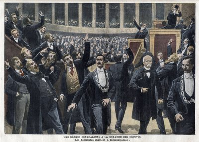 Socialister synger Internationalen i Deputeretkammeret i Frankrig midt under en session i nærværelse af Georges Clemenceau (1841-1929) - "Le Petit Journal", maj 1909 (gravering) af French School