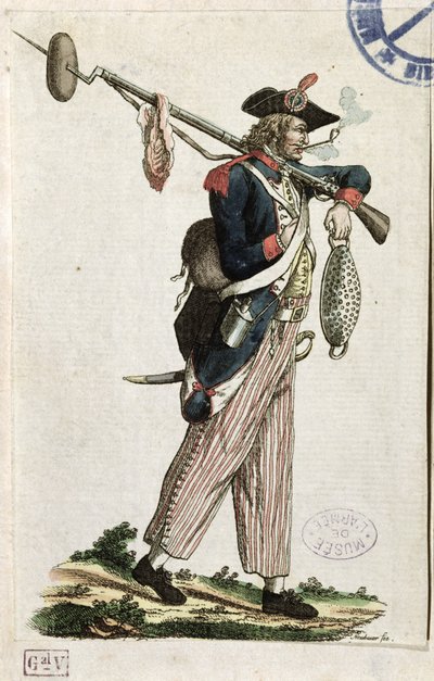 Soldat fra den franske revolution med en bajonet, hvortil der er fastgjort et brød og et stykke kød: LAn 11 1794 af French School