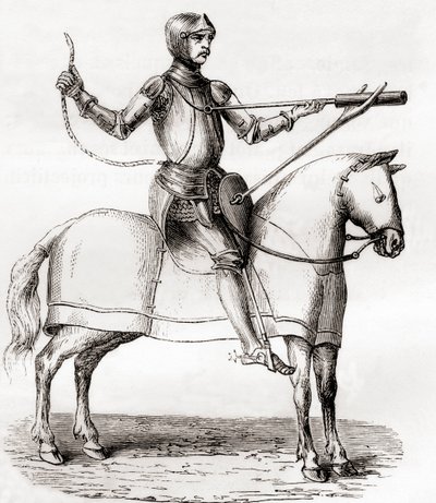 Soldat til hest ved hjælp af et håndholdt bombardement, slutningen af det 14. og begyndelsen af det 15. århundrede, efter en tegning fra manuskriptet af Marianus Jacobus, fra Les Merveilles de la Science, udgivet ca. 1870 (gravering) af French School