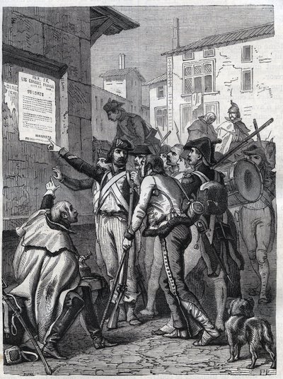 Soldater, dine behov er store: Franske soldater læser general Bonapartes proklamation i november 1799 - Indgravering af 1865 i "Histoire du Consulate et de l