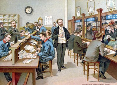 Sortering af posten i et parisisk postkontor, illustration fra en postkontorkalender, 1904 af French School