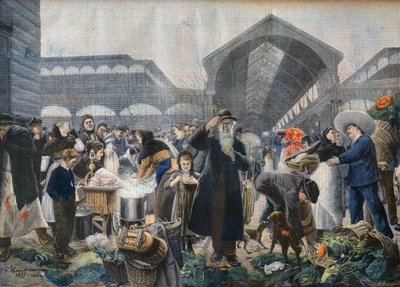 Suppestand på Les Halles-markedet om morgenen, illustration fra 