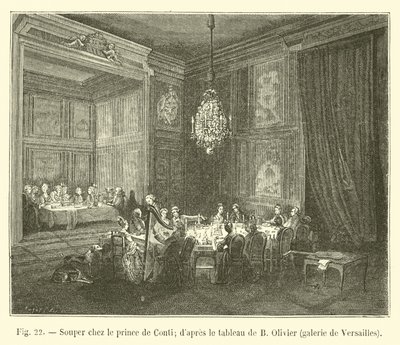 Aftensmad med Prince de Conti; efter maleriet af B Olivier, Versailles galleri af French School
