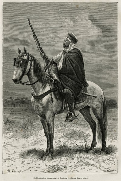 Spahi, effektiv rytter og frygt, der bidrager til erobringen af Algeriet, i Frankrigs tjeneste, løsriver sig på det arabiske kontor og graverer efter en tegning af H. Charles for at illustrere historien om Tebessa og dets monumenter (Algeriet), af A. Heron af French School