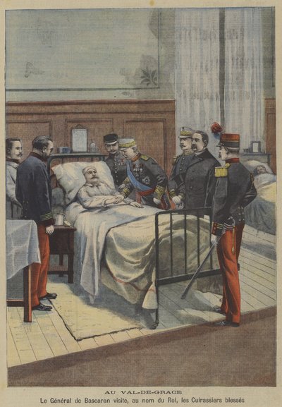 Den spanske general Jose de Bascaran besøger sårede kurassere i kong Alfons XIIIs navn på militærhospitalet Val-de-Grace i Paris (farve litho) af French School