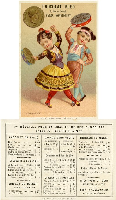 Spanske børn, der danser med tamburiner lavet af pesetas, fra en række salgsfremmende kort på valutaer i forskellige lande, udgivet i Paris af Vieillemard til brug af Chocolat Ibled, 1886-95 af French School