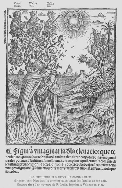 Den spanske filosof og franciskanske tertiær Ramon Llull i kontemplation, der leder alle sin sjæls evner til Gud (litho) af French School