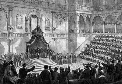 Tale af kongen af Italien Victor Emmanuel II (Vittorio Emanuele) (Victor-Emmanuel) (1820-1878) ved åbningen af de italienske staters session i Torinos parlament af French School