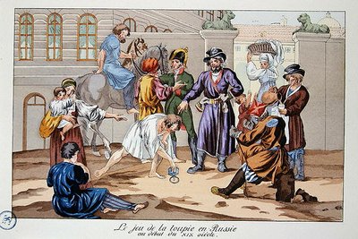 Spinning Top-spil i Rusland i begyndelsen af det nittende århundrede (farve litho) af French School