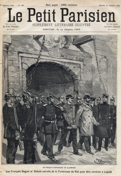 Spionproces i Tyskland: den franske Daguet og Dubois taget fra Kiel fæstning til Leipzig. En af avisen "Le petit Parisien"" den 10/12/1893 (gravering) af French School