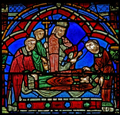 St Cheron vindue: biskop og diakoner ved hans nye grav (w15) af French School