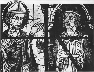 St. Denis giver oriflammen til ridderen Clement (marechal af Metz), detalje, Sydrose Glorifikation af vor Herre Jesus Kristus, af French School