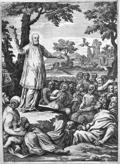 Sankt Frans af Sales (1567-1622) prædiker for kætterne i Chablais (gravering) (bw foto) af French School