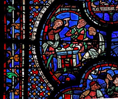 St John-vindue: to mænd bryder nogle ædelstene op (w48) af French School