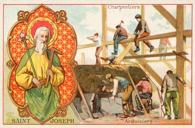 St Joseph, skytshelgen for tømrere og tagdækkere (chromolitho) af French School