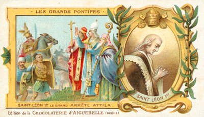 Skt. Leo den Store stopper Hunnerens Attilas erobring af Italien, 452 (chromolitho) af French School