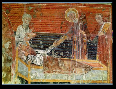 St. Severinus (d.507) kurerer Clovis I (465-511) kopi af en original fra det 12. århundrede i Chateau-Landon-kirken (se også 240221) af French School