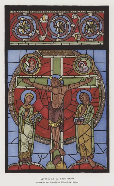 Farvede glasafbildning af korsfæstelsen, midten af det 12. århundrede (farve litho) af French School