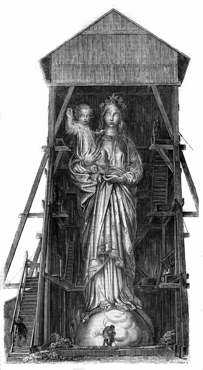 Statue af Notre Dame de France ved Puy en Velay (Puy-en-Velay) i Haute Loire (43): model af statuen, der skal smeltes fra jernet fra kanonerne taget i Sebastopol. Statuen stod færdig i 1860 og var 16 m høj. Fra et fotografi. Indgravering i "" Le af French School