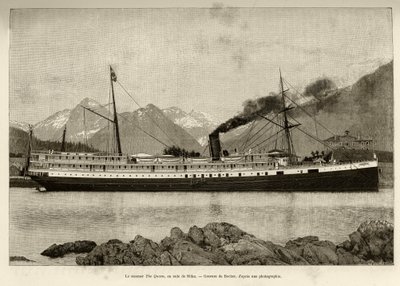 Steamer The Queen, i havnen i Sitka (Alaska, USA). Indgravering af Bocher, i 1890, i Le tour du monde, nouveau journal des voyages, redigeret af Edouard Charton (1807-1890), 2. semester 1891, udgave Hachette, Paris. af French School